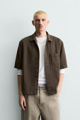 Embroidered Textured Overshirt-Ink Brown Zara