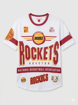 Men's Houston Rockets Mitchell & Ness White Hardwood Classics Team Origins Vintage Logo T-Shirt
