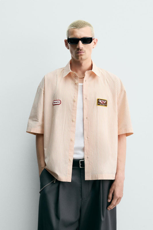 CHEMISE BOXY FIT À RAYURES - blanc-orange | ZARA